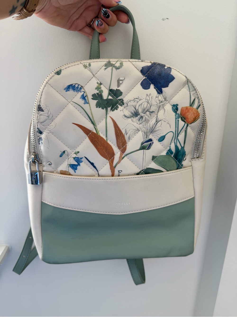 Floral Quilted Mini Backpack - Sage Green & Cream